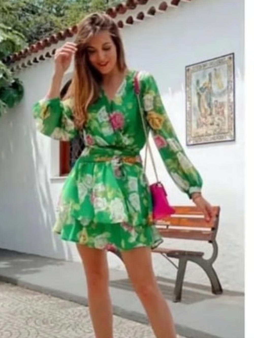 Zara Green Rose Print Mini Ruffled Dress Size S